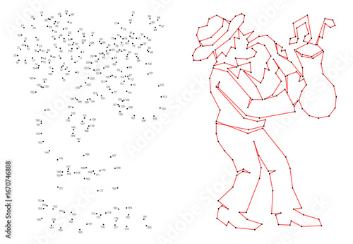 Connect the dots educational drawing game. Dot to dot by numbers puzzle. Google Font Fira Sans Condensed. Musician plays the saxophone.