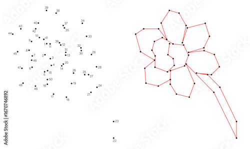 Connect the dots educational drawing game. Dot to dot by numbers puzzle. Google Font Fira Sans Condensed. Narcissus flower.