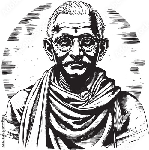 Gandhi engraving. Peaceful power captured in engraved lines.