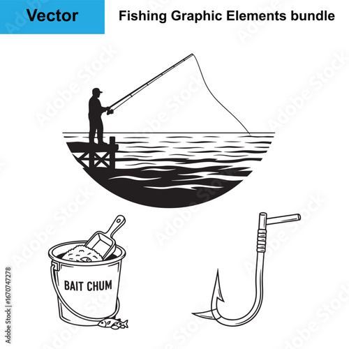 Saltwater Pier Bait Chum Gaff Hook Silhouette Fishing Vector Bundle