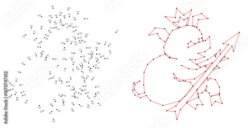 Connect the dots educational drawing game. Dot to dot by numbers puzzle. Google Font Fira Sans Condensed. Pig princess with crown and an arrow.