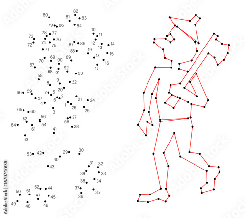 Connect the dots educational drawing game. Dot to dot by numbers puzzle. Google Font Fira Sans Condensed. Woodcutter with an ax on his shoulder goes into the forest.