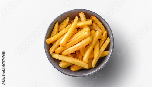 top down shot of french fries in a grey bowl isolated against a white background