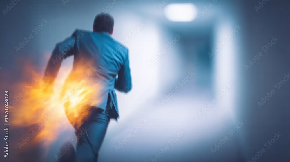 Fototapeta premium Businessman running away in a corridor with fire at the back