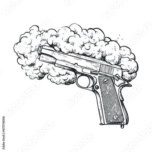 Vintage pistol with smoke effects for design and illustration purposes. Vector illustration