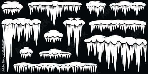 Collection of realistic icicles and snow formations on a black background
