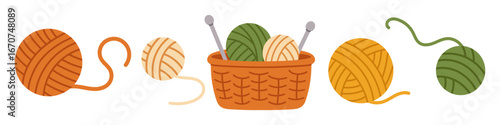 Vector set of yarn balls and basket with yarn. Knitting and crochet supply collection in flat design. Cozy handmade craft cliparts. Wool balls elements. Illustration with balls of yarn.
