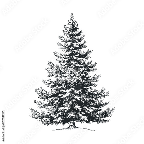 Winter pine tree with snowflake motif for festive design. Vector illustration