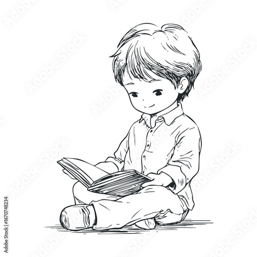 Young boy enjoys reading a book in a cozy setting for learning. Vector illustration