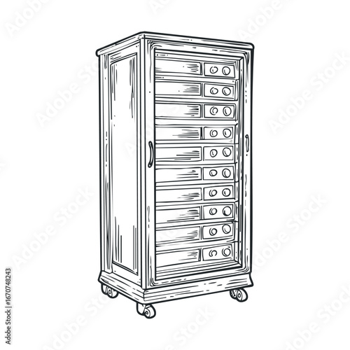 Vintage wooden cabinet with multiple drawers for storage solutions. Vector illustration