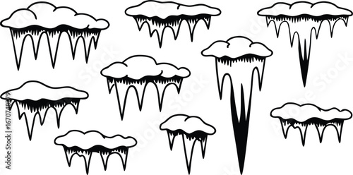 Collection of hand drawn icicles hanging from snow covered clouds