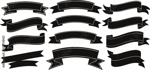 Collection of black decorative ribbons and banners with white outlines