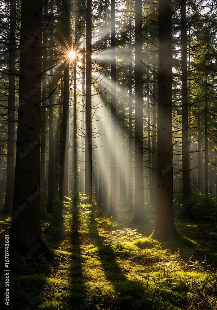 Fototapeta premium Sunbeams piercing through a dense forest canopy.