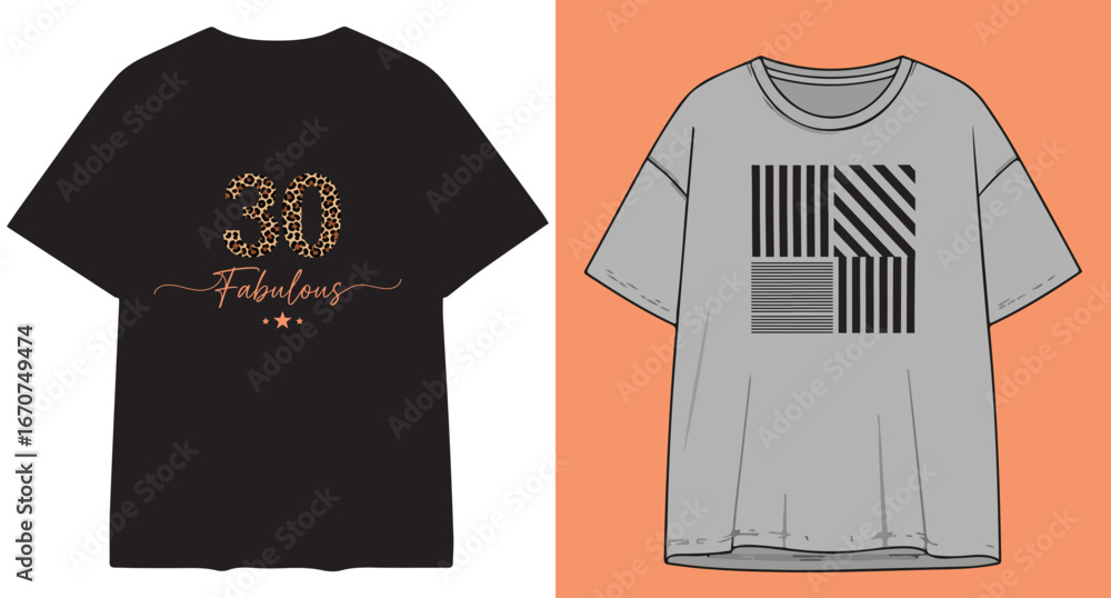 Naklejka premium Two stylish graphic t shirts one black with a gold design and one grey with a barcode pattern