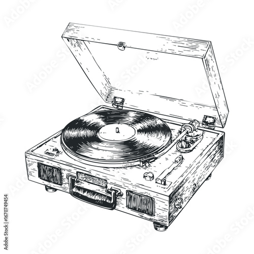 Vintage turntable with vinyl record in detailed sketch style. Vector illustration