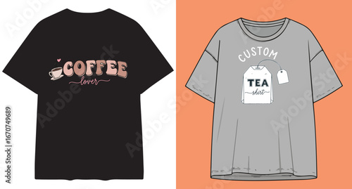 Two graphic t shirts one black with coffee text and one grey with tea illustration