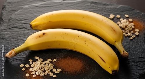 Fresh yellow bananas, wholesome oats, and aromatic cinnamon powder artfully arranged on a dark stone surface, highlighting natural and nutritious breakfast ingredients for a healthy start