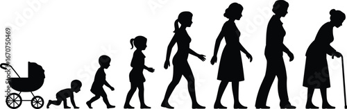 Female life stages, age progression, silhouette illustration, baby to elderly, black vector, woman growth, flat style, aging timeline, reference