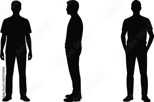 Male silhouettes, standing poses, vector illustration, front view, side view, rear view, black figure, casual clothing, flat style, reference