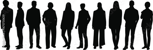 People silhouettes, standing poses, vector illustration, black figures, male, female, side view, front view, casual clothing, flat style, reference