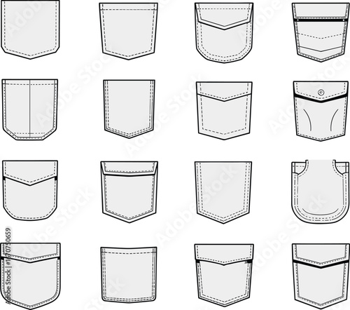 Pocket design illustration, fashion sketch, garment construction, clothing detail, technical drawing, apparel elements, stitching styles, flap pocket, vector layout