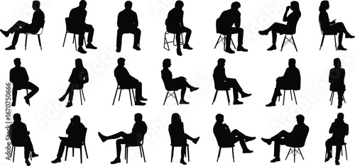 Seated human silhouettes, sitting poses, chair figures, black vector, flat style, male female posture, relaxed positions, reference set, collection of 20