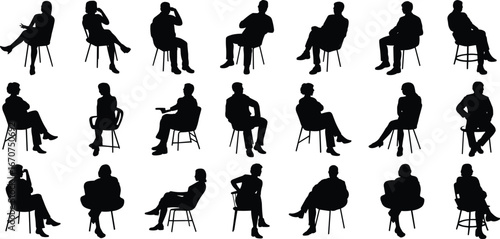 Seated silhouettes, sitting poses, chair figures, black vector, flat style, male, female, thoughtful posture, relaxed position, reference set of 20