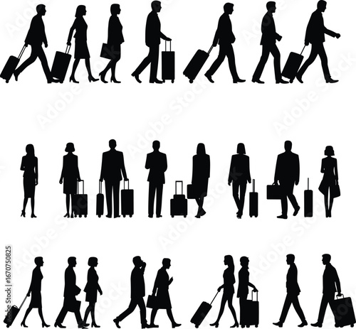 Traveler silhouettes, walking with luggage, airport scene, business travel, casual travel, suitcase icons, vector illustration, transportation theme, black and white
