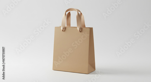 Small kraft paper bag with satin ribbon handles, 45-degree perspective view, clean white background, elegant mockup