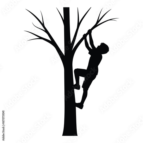 Silhouette of a person climbing a bare tree during daytime adventure silhouette