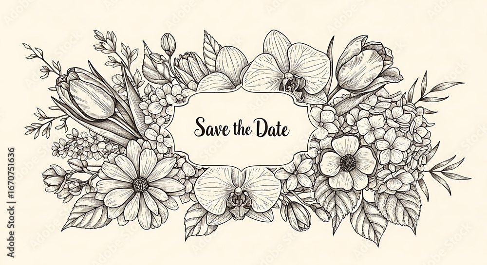 Fototapeta premium Vintage Floral Save the Date Invitation Frame.