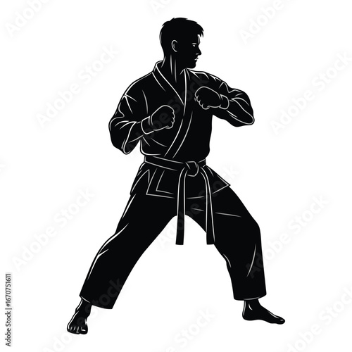 Martial arts fighter silhouette in dynamic karate stance with gloves ready for combat silhouette