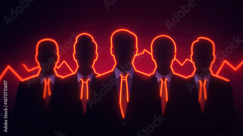 A group of shadowy figures in suits, lit by neon orange outlines, stands against a dark backdrop with a rising graph pattern, suggesting themes of business and analytics.