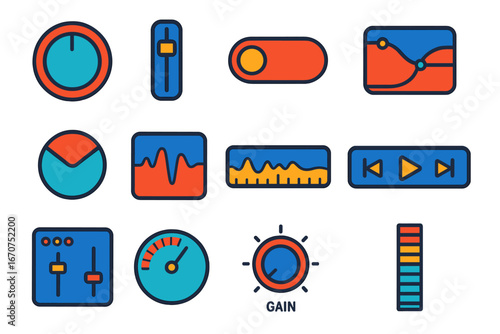 Set of icons for a music player, including a clock, gain, and volume controls