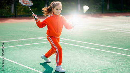 Smiling girl playing badminton on outdoor court in sunlight