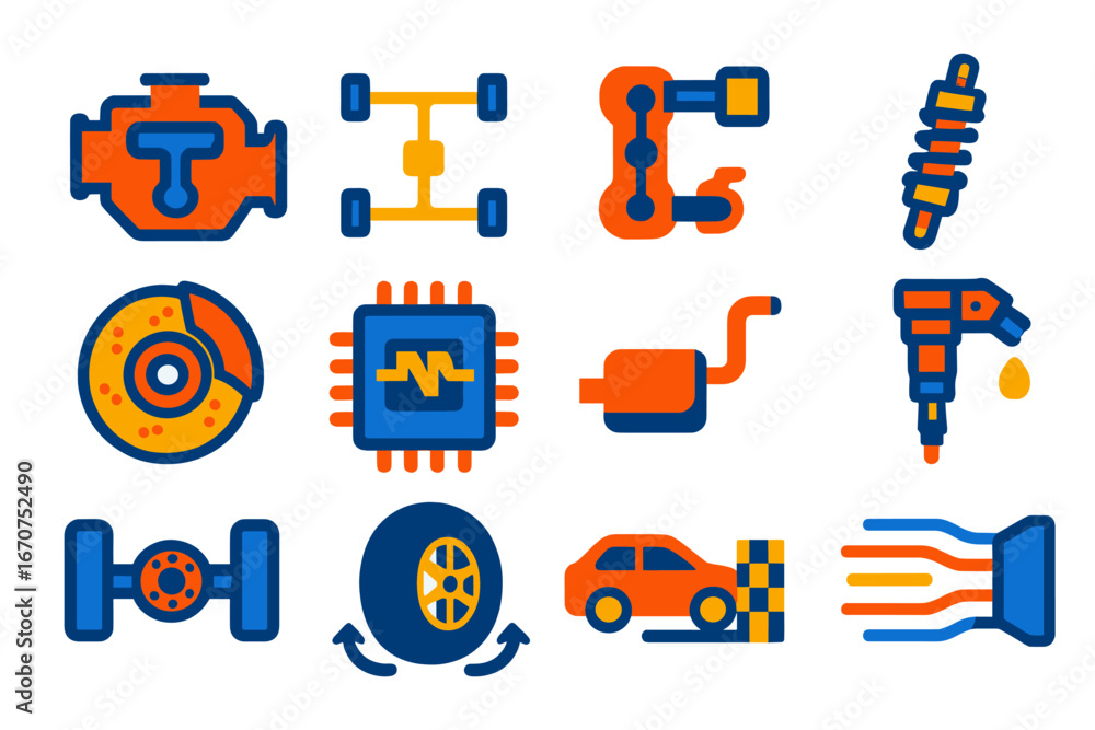 Fototapeta premium Set of car parts and tools, including a tire, a wrench, and a car engine
