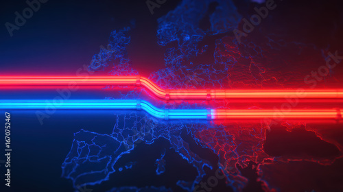 A digital map of Europe illuminated by red and blue neon lines, suggesting connectivity or data pathways.