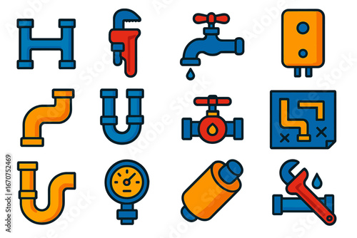 Set of blue and orange symbols that represent plumbing and repair work