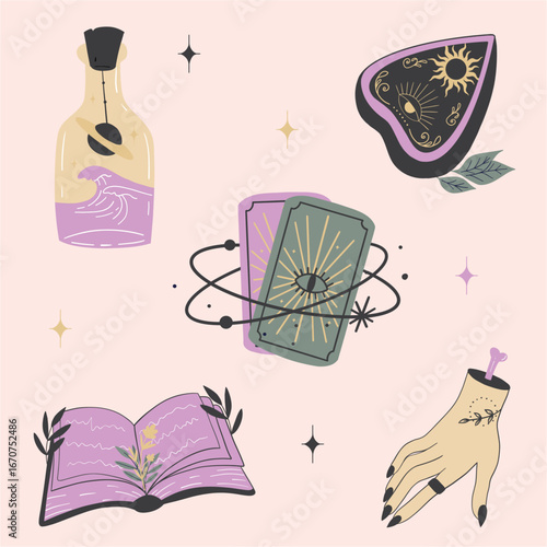 Collection of witchcraft elements. Tarot, spell book, Ouija board, posion in a glass bottle, with arm. Mysticism and esoteric. Hand drawn vector illustration