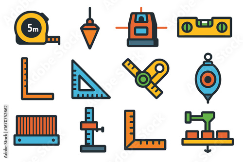 Collection of construction tools and measuring devices