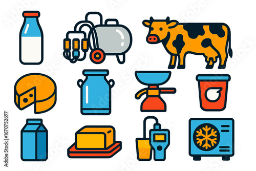 Collection of dairy products and farm equipment