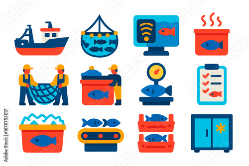 Collection of images of people and objects related to fishing and seafood