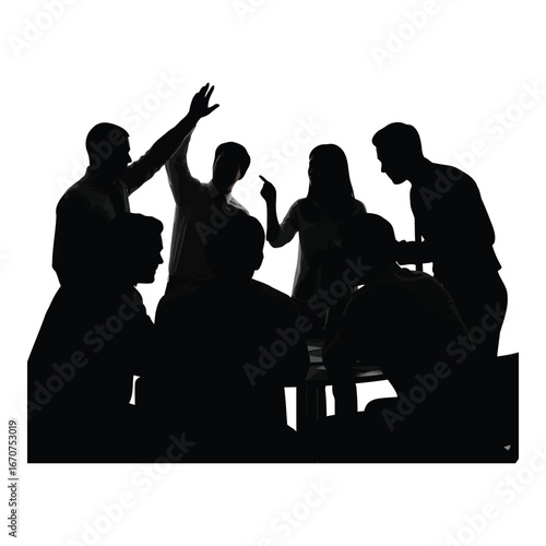 Silhouette of a diverse group of friends gathering and celebrating indoors with raised hands. silhouette