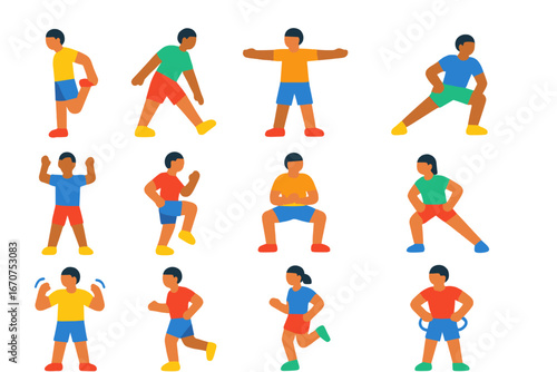 Series of children doing various exercises, including running, stretching