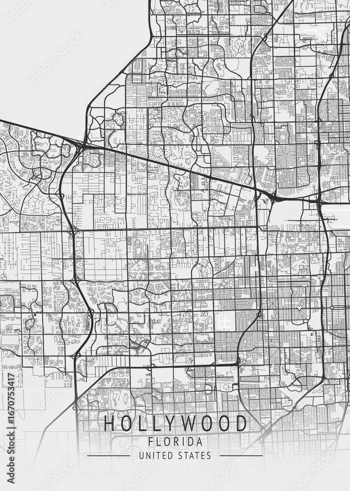 Naklejka premium Hollywood - Florida - US Gray Map Art