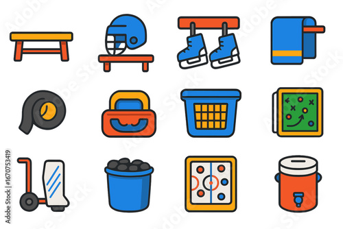 Set of sports icons and equipment, including a hockey stick, a hockey helmet