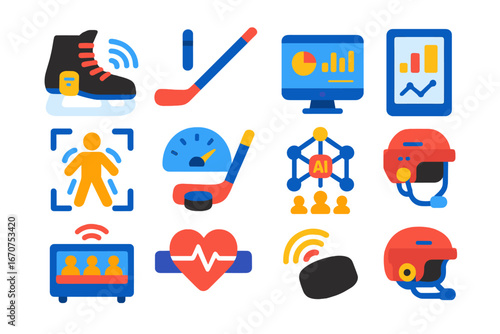 Collection of sports icons and symbols, including a hockey stick, a heart
