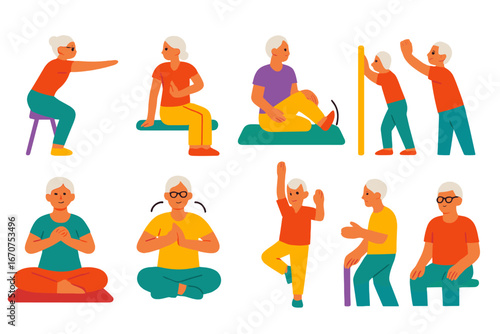 Series of people doing various exercises, including yoga, situps, and pushups