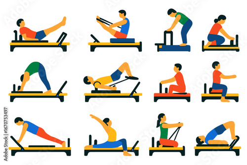 Series of people doing various exercises on a fitness machine