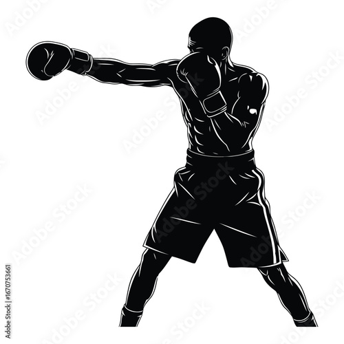 Silhouette of a powerful boxer throwing a punch in a dynamic stance ready for combat silhouette